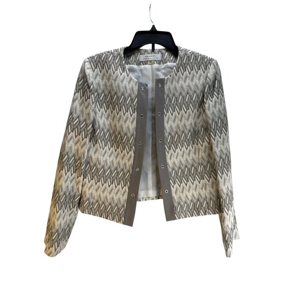 Tahari Geometric Pattern Open Front Blazer Jacket Women's Gray White Size 8 - Picture 6 of 10